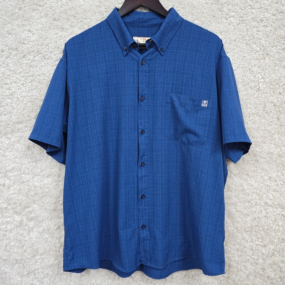 Huk Fishing Shirt Men's XL Blue Short‎ Sleeve Button Front Performance Outdoors